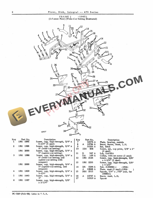 John Deere Disk Integral Plows – 475 Series Parts Catalog PC589 01FEB68-4
