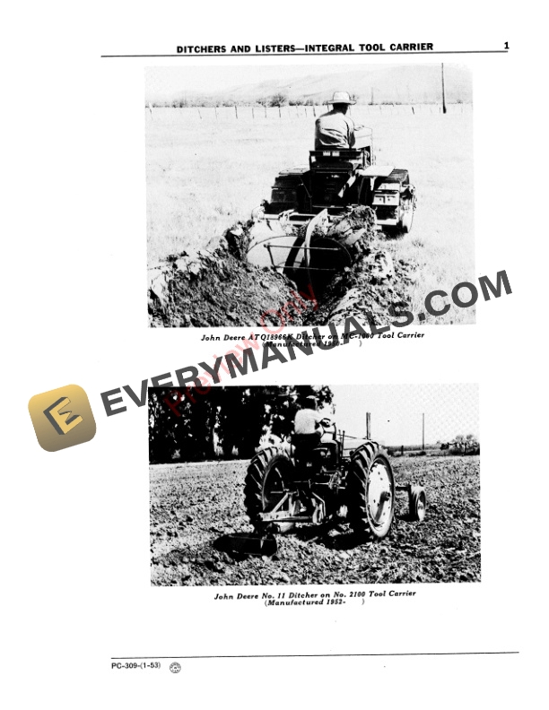 John Deere Ditchers and Listers–Integral Tool Carrier Parts Catalog PC309 01JAN53-3