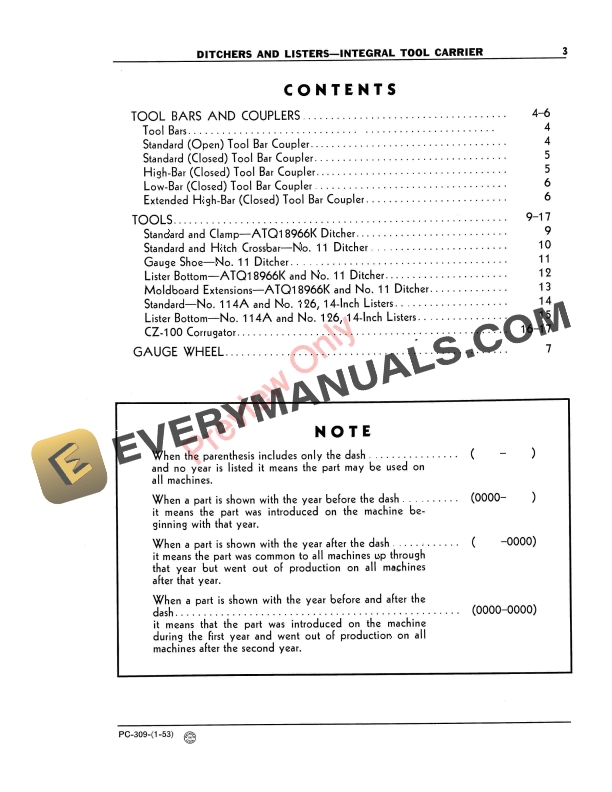 John Deere Ditchers and Listers–Integral Tool Carrier Parts Catalog PC309 01JAN53-5