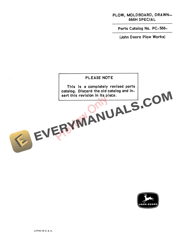 John Deere Drawn Moldboard Plow – 666H Special Parts Catalog PC566 01MAY66-1