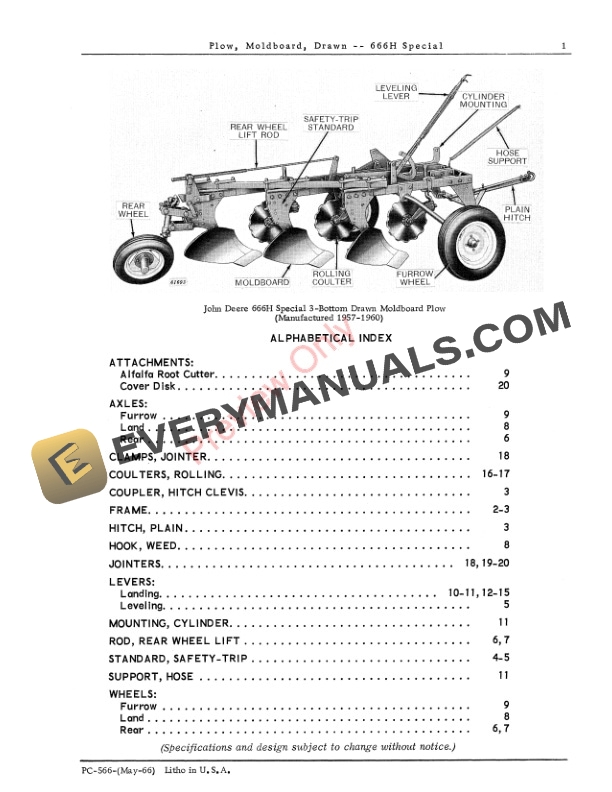 John Deere Drawn Moldboard Plow – 666H Special Parts Catalog PC566 01MAY66-3