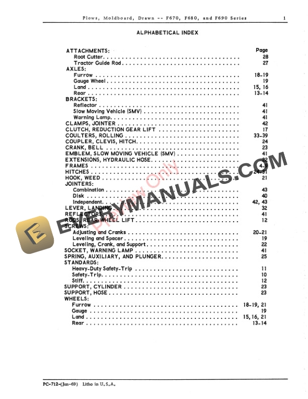 John Deere Drawn Moldboard Plows – F670, F680, F690 Series Parts Catalog PC712 01JUN69-3
