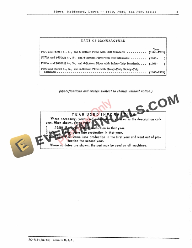 John Deere Drawn Moldboard Plows – F670, F680, F690 Series Parts Catalog PC712 01JUN69-5