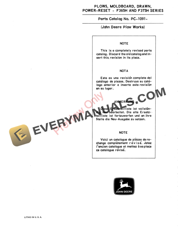 John Deere Drawn Moldboard Plows, Power-Reset – F365H, F375H Series Parts Catalog PC1091 01MAR69-1
