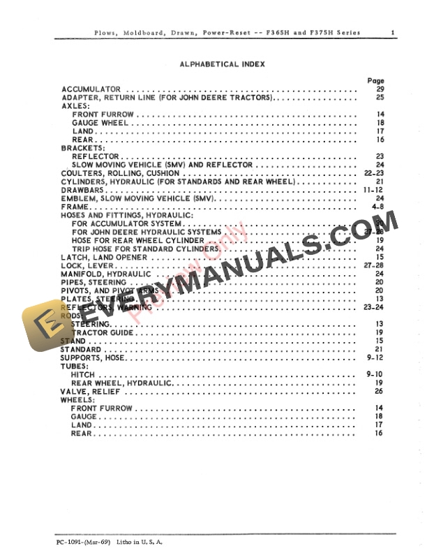 John Deere Drawn Moldboard Plows, Power-Reset - F365H, F375H Series Parts Catalog PC1091 01MAR69 4 John Deere Drawn Moldboard Plows Power Reset F365H F375H Series Parts Catalog PC1091 01MAR69 3