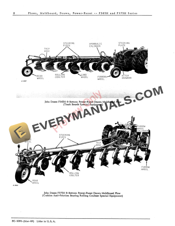 John Deere Drawn Moldboard Plows, Power-Reset - F365H, F375H Series Parts Catalog PC1091 01MAR69 5 John Deere Drawn Moldboard Plows Power Reset F365H F375H Series Parts Catalog PC1091 01MAR69 4