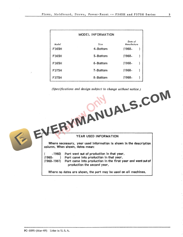 John Deere Drawn Moldboard Plows, Power-Reset - F365H, F375H Series Parts Catalog PC1091 01MAR69 6 John Deere Drawn Moldboard Plows Power Reset F365H F375H Series Parts Catalog PC1091 01MAR69 5