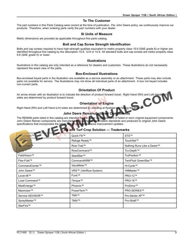 John Deere Drawn Sprayer 1126 Parts Catalog PC11490 21MAR30 3