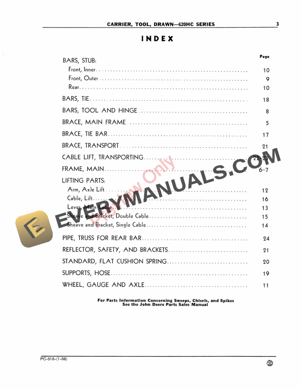 John Deere Drawn Tool Carrier – 620HC Series Parts Catalog PC516 01DEC56-5