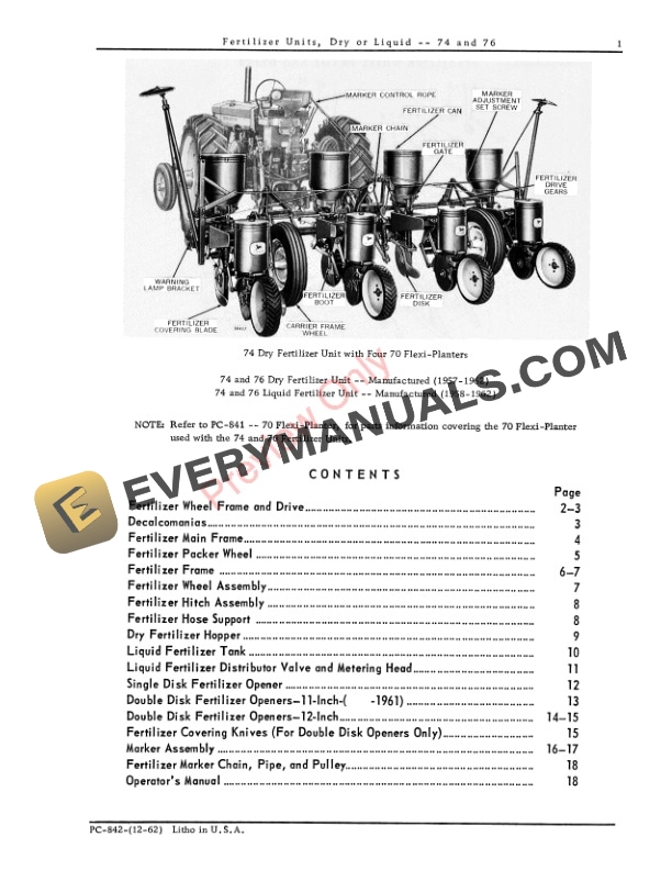 John Deere Dry or Liquid Fertilizer Units – 74, 76 Parts Catalog PC842 01DEC62-3