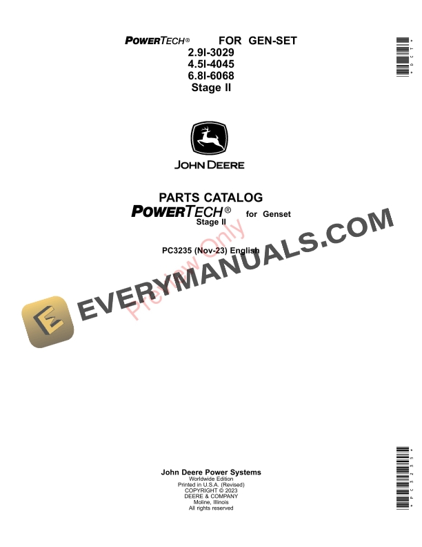 John Deere ENGINES FOR GENSETS POWER UNITS 2.9L Parts Catalog PC3235 16NOV23-1