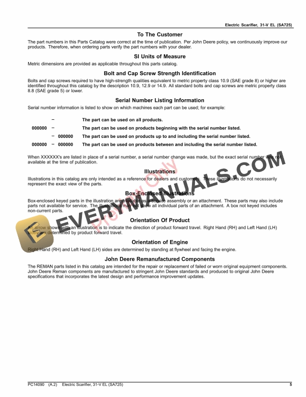 John Deere Electric Scarifier, 31-V EL (SA725) Parts Catalog PC14090 20JAN17 6 John Deere Electric Scarifier, 31-V EL (SA725) Parts Catalog PC14090 20JAN17-5