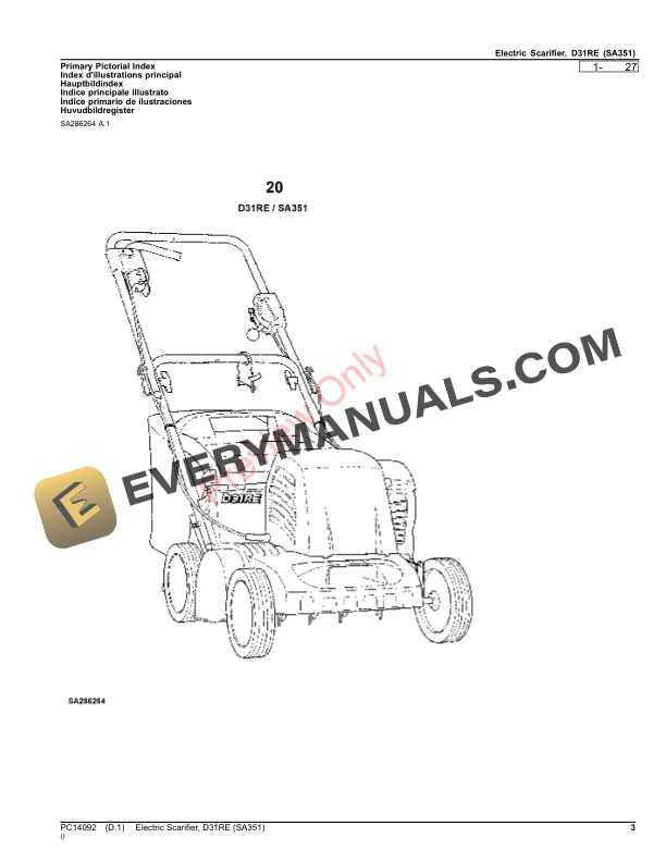 John Deere Electric Scarifier, D31RE (SA351) Parts Catalog PC14092 07AUG20-3
