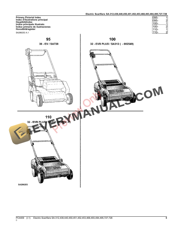 John Deere Electric Scarifiers SA-312, 439, 440, 450, 451, 452, 453, 468, 493, 494, 495, 727, 728 Parts Catalog PC4409 31JUL17-5