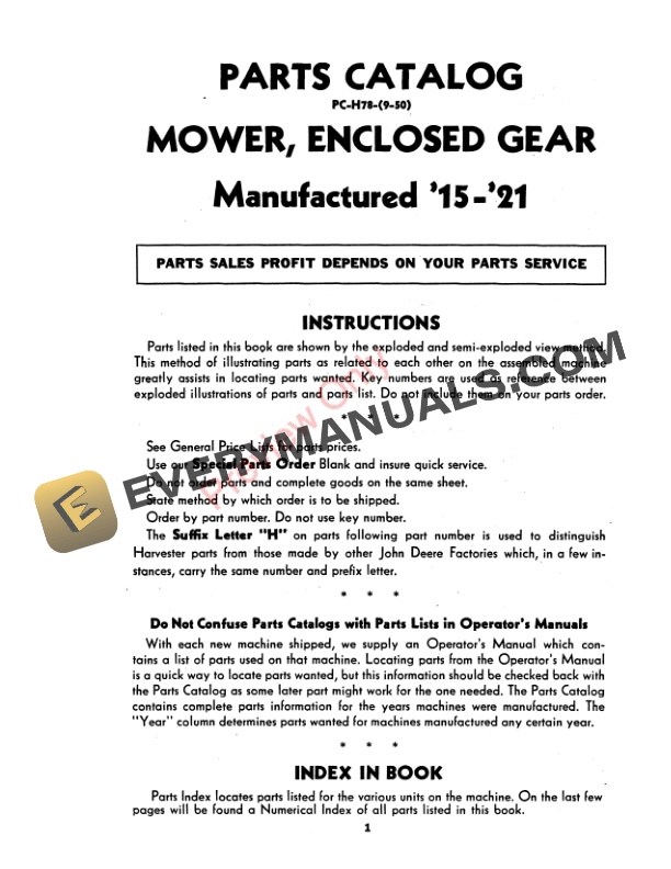 John Deere Enclosed Gear Mower – Z Models Parts Catalog PCH78 01SEP50-3
