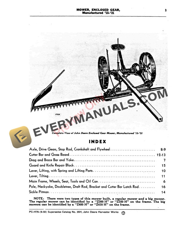 John Deere Enclosed Gear Mower – Z Models Parts Catalog PCH78 01SEP50-5