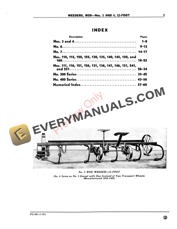 John Deere End-Driven Rod Weeders - No. 3 Through No. 400 Parts Catalog PC461 01JAN61 4 John Deere End-Driven Rod Weeders – No. 3 Through No. 400 Parts Catalog PC461 01JAN61-3