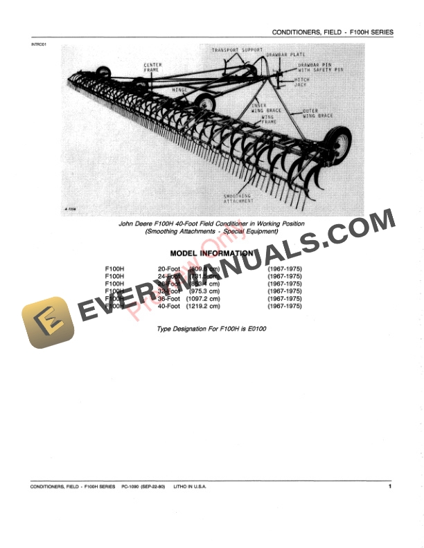 John Deere F100H Series Field Conditioners Parts Catalog PC1090 22SEP80 3