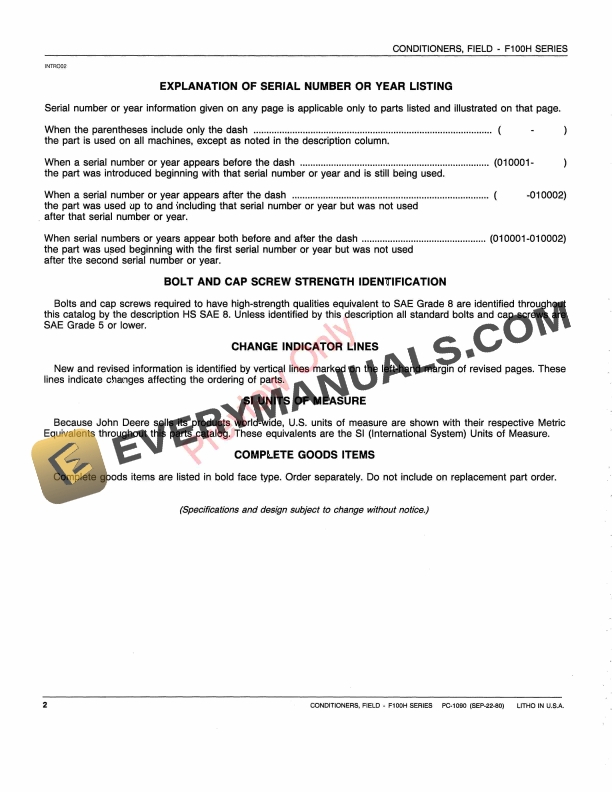John Deere F100H Series Field Conditioners Parts Catalog PC1090 22SEP80 4