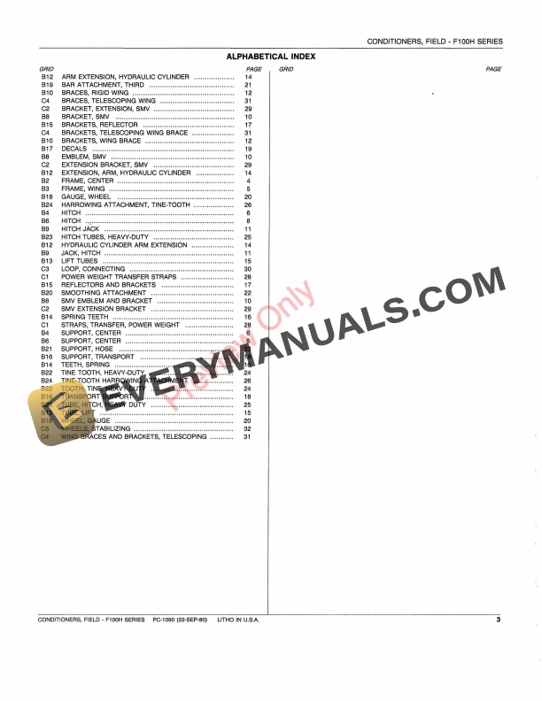 John Deere F100H Series Field Conditioners Parts Catalog PC1090 22SEP80 5