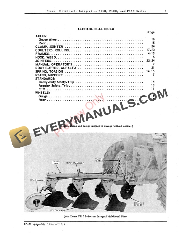 John Deere F110, F120, F130 Series Moldboard Integral Plow Parts Catalog PC711 01APR66 4 John Deere F110, F120, F130 Series Moldboard Integral Plow Parts Catalog PC711 01APR66-3