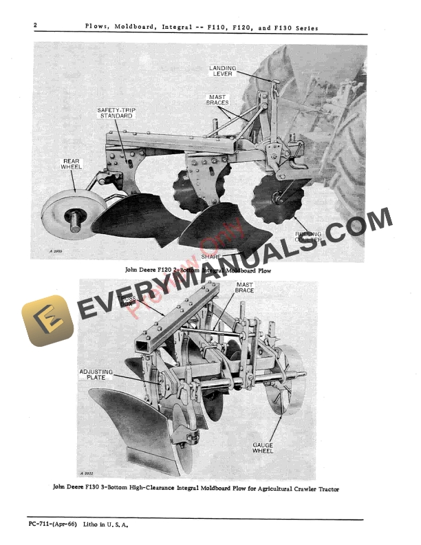 John Deere F110, F120, F130 Series Moldboard Integral Plow Parts Catalog PC711 01APR66 5 John Deere F110, F120, F130 Series Moldboard Integral Plow Parts Catalog PC711 01APR66-4