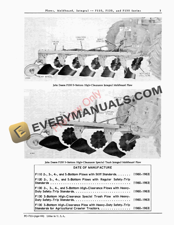John Deere F110, F120, F130 Series Moldboard Integral Plow Parts Catalog PC711 01APR66 6 John Deere F110, F120, F130 Series Moldboard Integral Plow Parts Catalog PC711 01APR66-5
