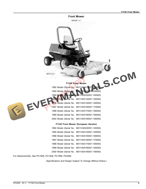 John Deere F1145 Front Mower Parts Catalog PC2350 17FEB23-5