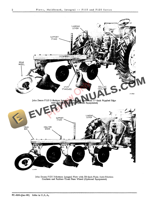 John Deere F115, F125 Integral Moldboard Plows Parts Catalog PC806 01JAN68-4