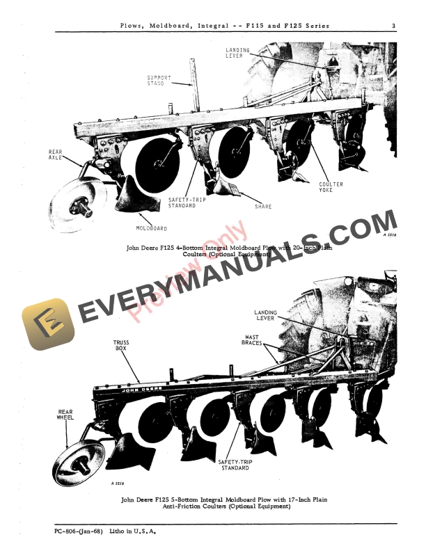 John Deere F115, F125 Integral Moldboard Plows Parts Catalog PC806 01JAN68-5