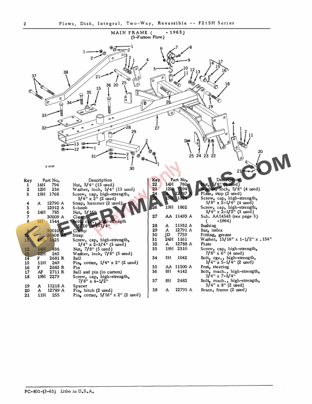 John Deere F215H Series Reversible Two-Way Integral Disk Plows Parts Catalog PC801 01MAR65-4