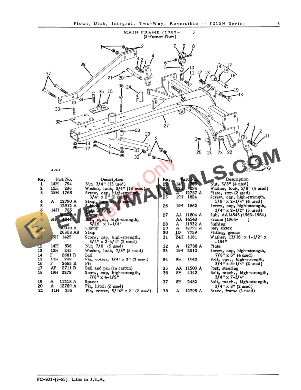 John Deere F215H Series Reversible Two-Way Integral Disk Plows Parts Catalog PC801 01MAR65-5