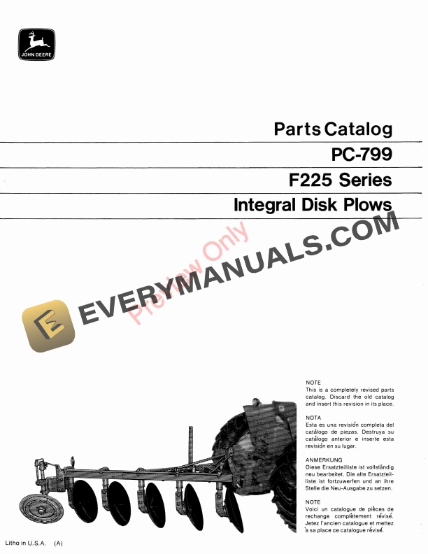 John Deere F225 Series Integral Disk Plows Parts Catalog PC799 01NOV71-1