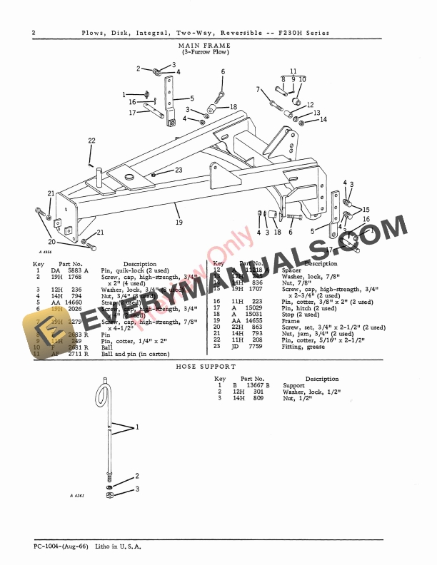 John Deere F230H Series Two Way Reversible Integral Disk Plows Parts Catalog PC1004 01AUG66 4