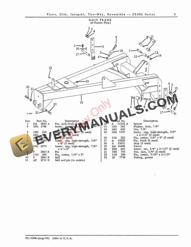 John Deere F230H Series Two Way Reversible Integral Disk Plows Parts Catalog PC1004 01AUG66 5