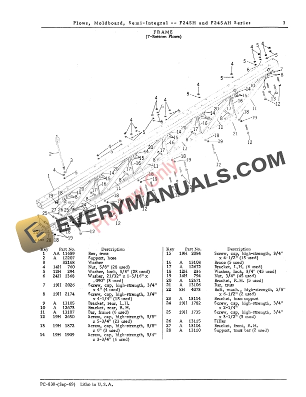 John Deere F245H, F245AH Semi-Integral Moldboard Plows Parts Catalog PC830 01SEP69-5
