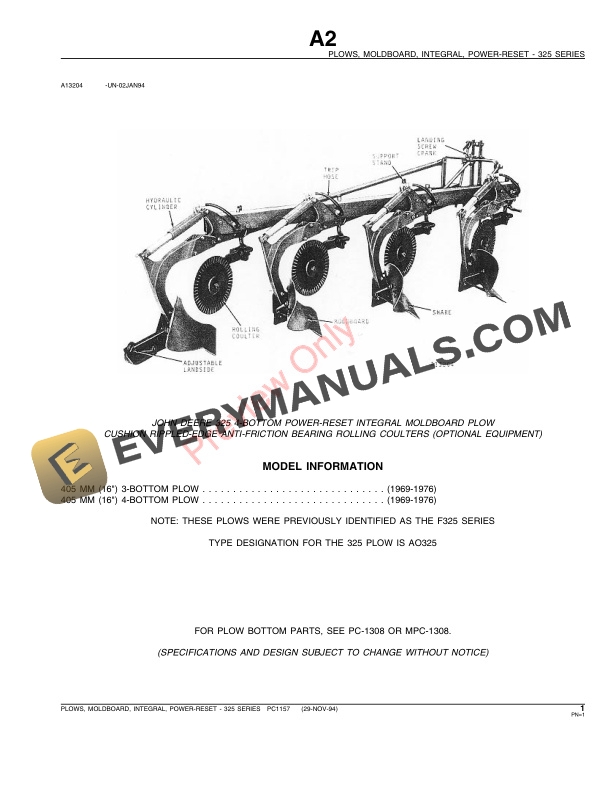 John Deere F325 Power-Reset Integral Moldboard Plow Parts Catalog PC1157 29NOV94 4 John Deere F325 Power Reset Integral Moldboard Plow Parts Catalog PC1157 29NOV94 3