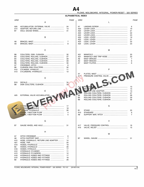 John Deere F325 Power-Reset Integral Moldboard Plow Parts Catalog PC1157 29NOV94 6 John Deere F325 Power Reset Integral Moldboard Plow Parts Catalog PC1157 29NOV94 5