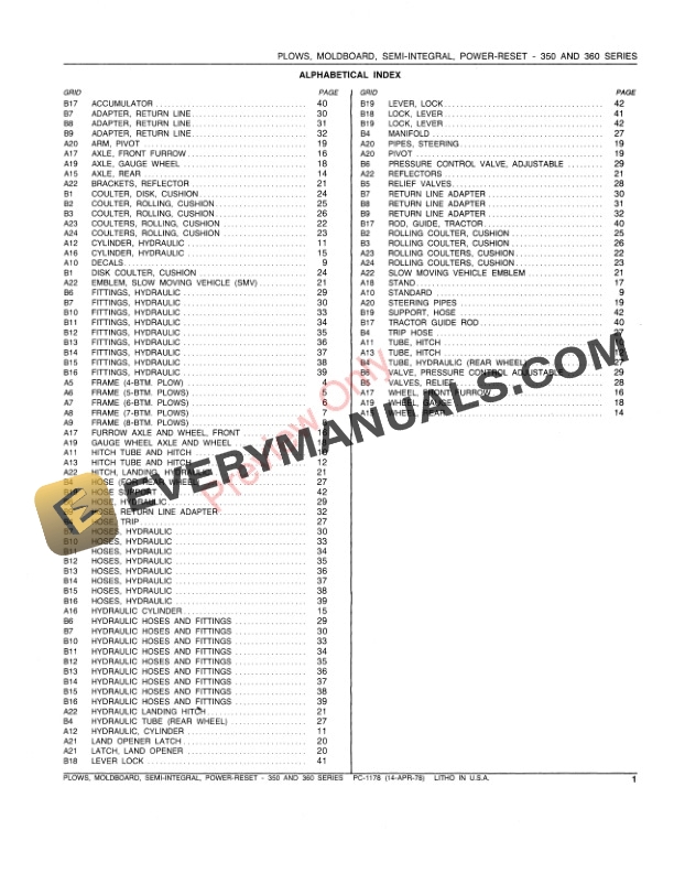 John Deere F350 F360 Series Semi Integral Power Reset Moldboard Plows Parts Catalog PC1178 14APR78 3