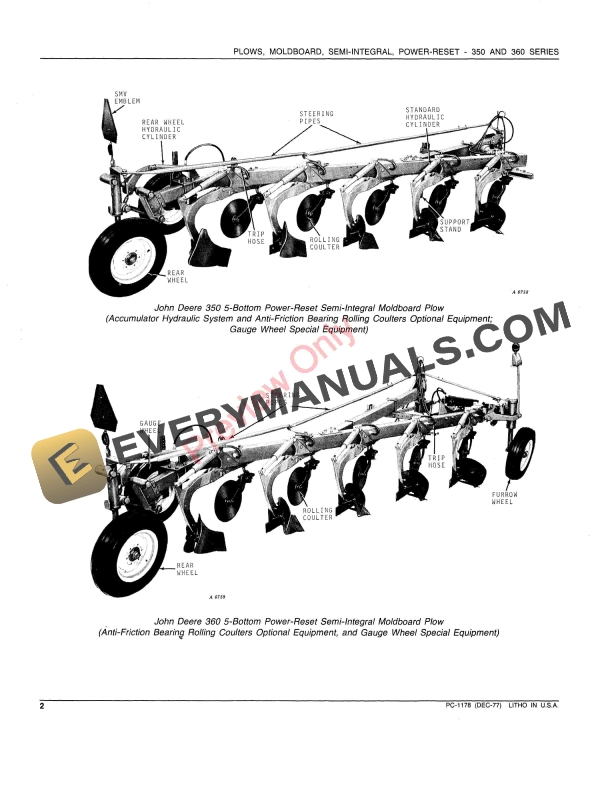 John Deere F350 F360 Series Semi Integral Power Reset Moldboard Plows Parts Catalog PC1178 14APR78 4