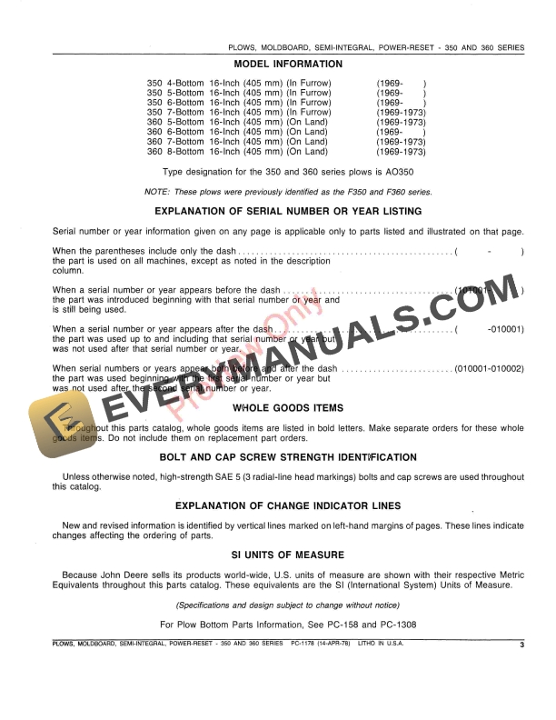 John Deere F350 F360 Series Semi Integral Power Reset Moldboard Plows Parts Catalog PC1178 14APR78 5