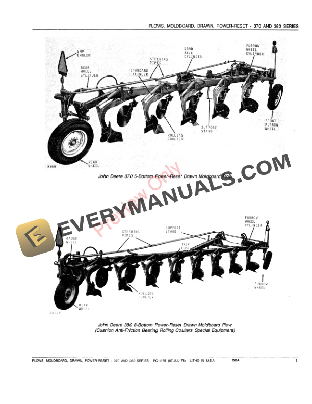 John Deere F370, F380 Power-Reset Drawn Moldboard Plows Parts Catalog PC1179 07JUL78 4 John Deere F370 F380 Power Reset Drawn Moldboard Plows Parts Catalog PC1179 07JUL78 3