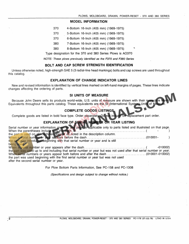 John Deere F370, F380 Power-Reset Drawn Moldboard Plows Parts Catalog PC1179 07JUL78 5 John Deere F370 F380 Power Reset Drawn Moldboard Plows Parts Catalog PC1179 07JUL78 4