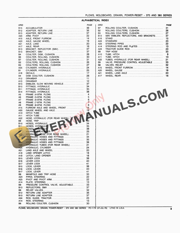 John Deere F370, F380 Power-Reset Drawn Moldboard Plows Parts Catalog PC1179 07JUL78 6 John Deere F370 F380 Power Reset Drawn Moldboard Plows Parts Catalog PC1179 07JUL78 5