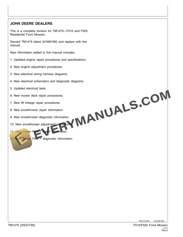 John Deere F510 and 525 Front Mowers Technical Manual TM1475 23OCT95 5 John Deere F510 and 525 Front Mowers Technical Manual TM1475 23OCT95 4