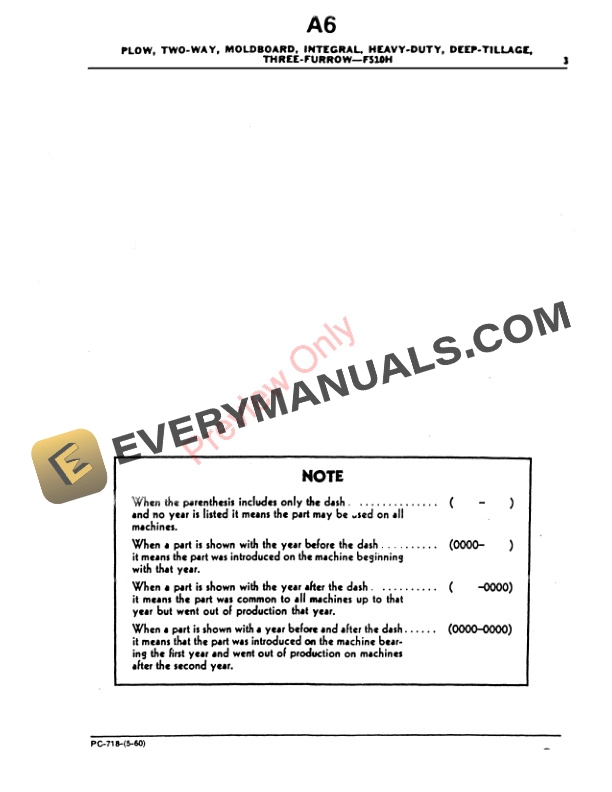 John Deere F510H Integral, Heavy-Duty, Deep Parts Catalog PC718 01MAY60 4 John Deere F510H Integral, Heavy-Duty, Deep Parts Catalog PC718 01MAY60-3