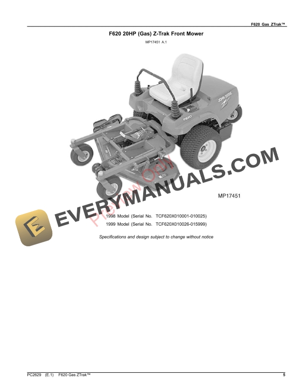 John Deere F620 Gas ZTrak Parts Catalog PC2629 12NOV23-5