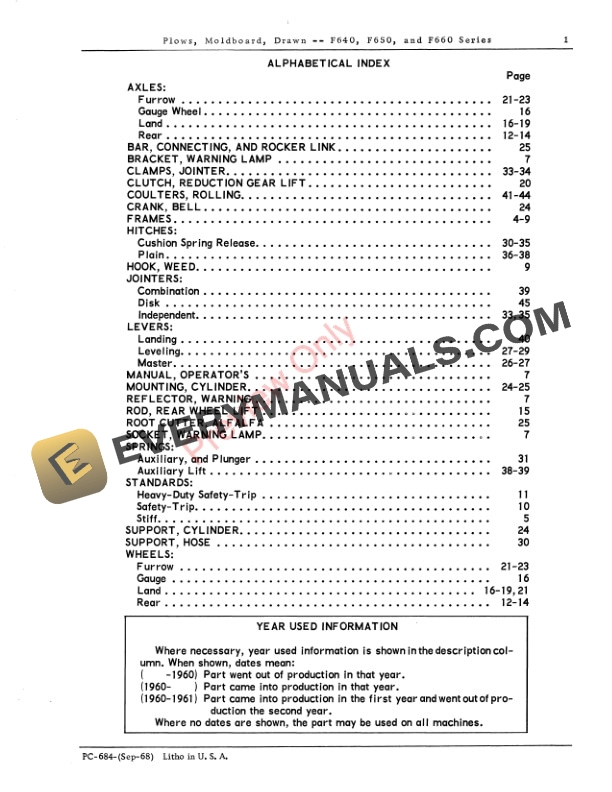 John Deere F640, F640A , F640AH, F640H, F650, F650A, F650AH, F650H, F640H, F660, F660H Drawn Moldboard Plows Parts Catalog PC684 01SEP68-3