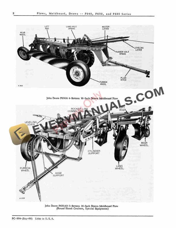 John Deere F640, F640A , F640AH, F640H, F650, F650A, F650AH, F650H, F640H, F660, F660H Drawn Moldboard Plows Parts Catalog PC684 01SEP68-4