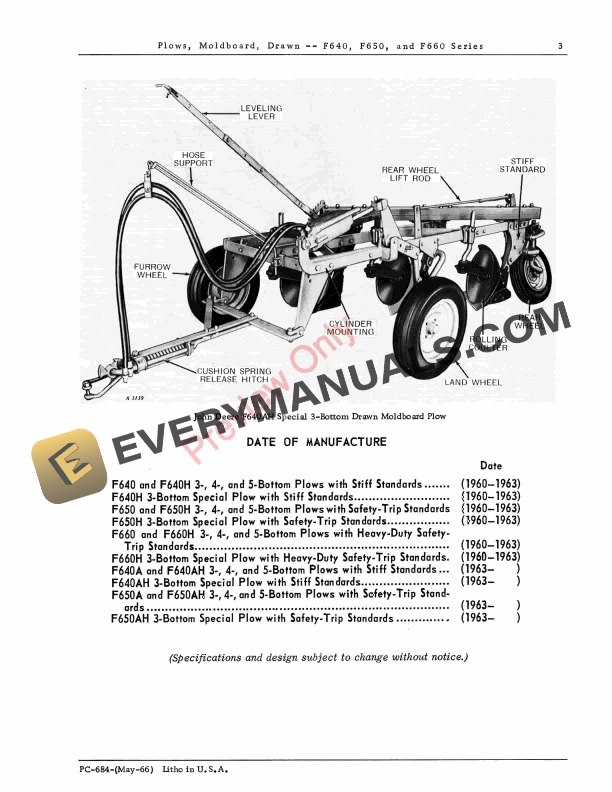 John Deere F640, F640A , F640AH, F640H, F650, F650A, F650AH, F650H, F640H, F660, F660H Drawn Moldboard Plows Parts Catalog PC684 01SEP68-5